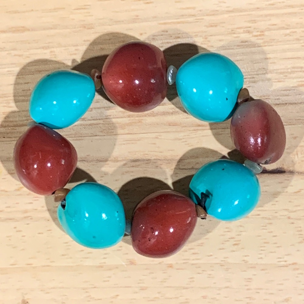 Tagua Nut Bracelet Womens OS Teal Red Large Nugget Bead Boho Stretch Unbranded